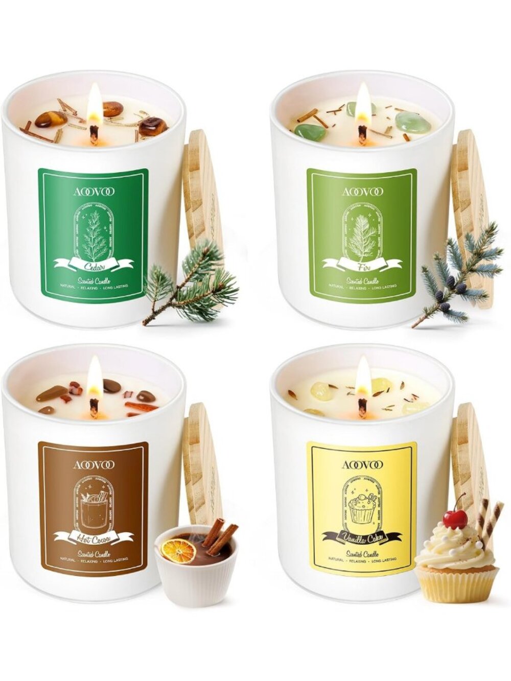 Cozy Holiday Scented Candle Set - 4 Pack Aromatherapy Candles with Crystals, 200